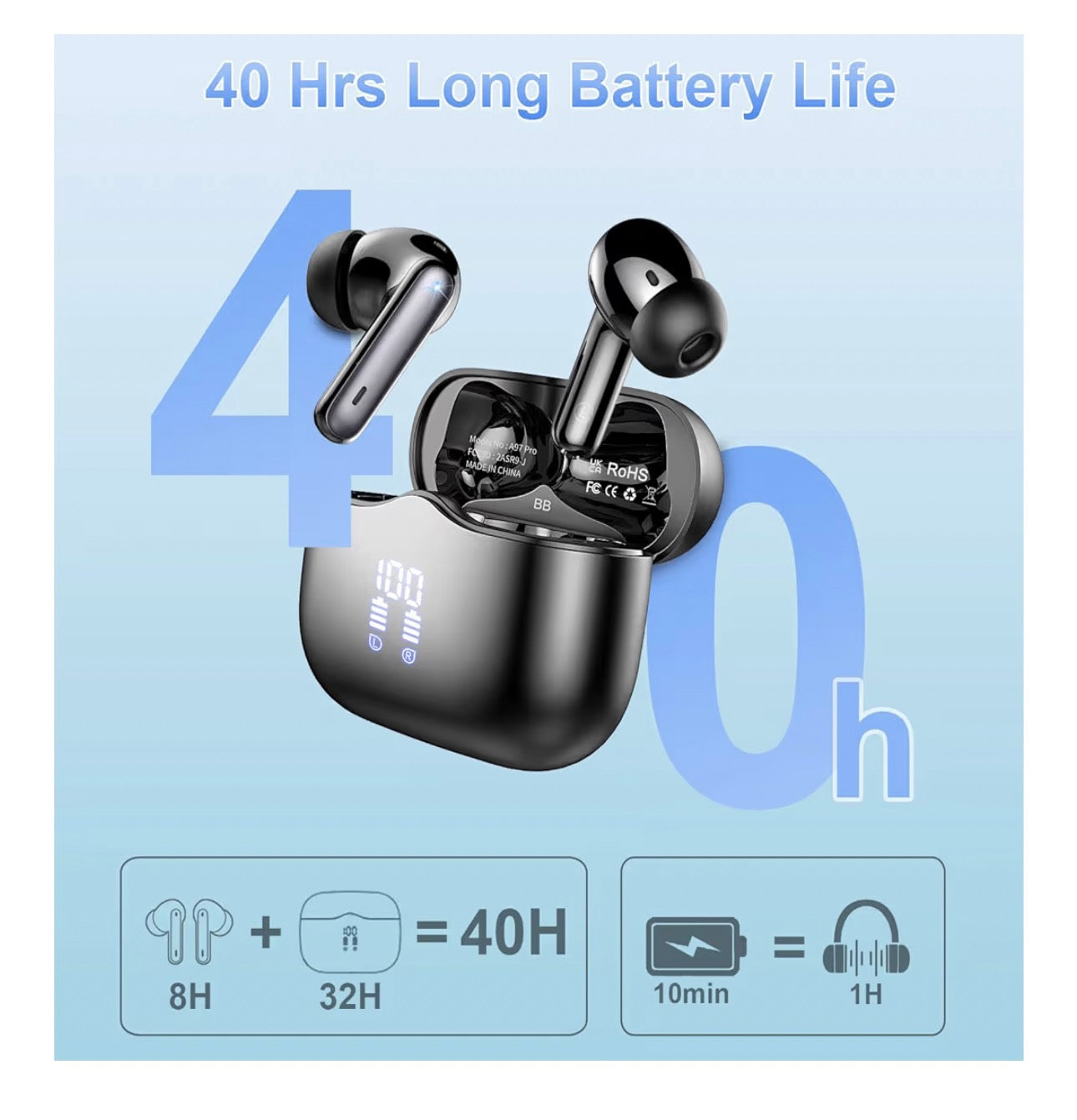 A97 Pro Earbuds with ANC+ENC noise cancellation, 40-hour mini LED display, Bluetooth
