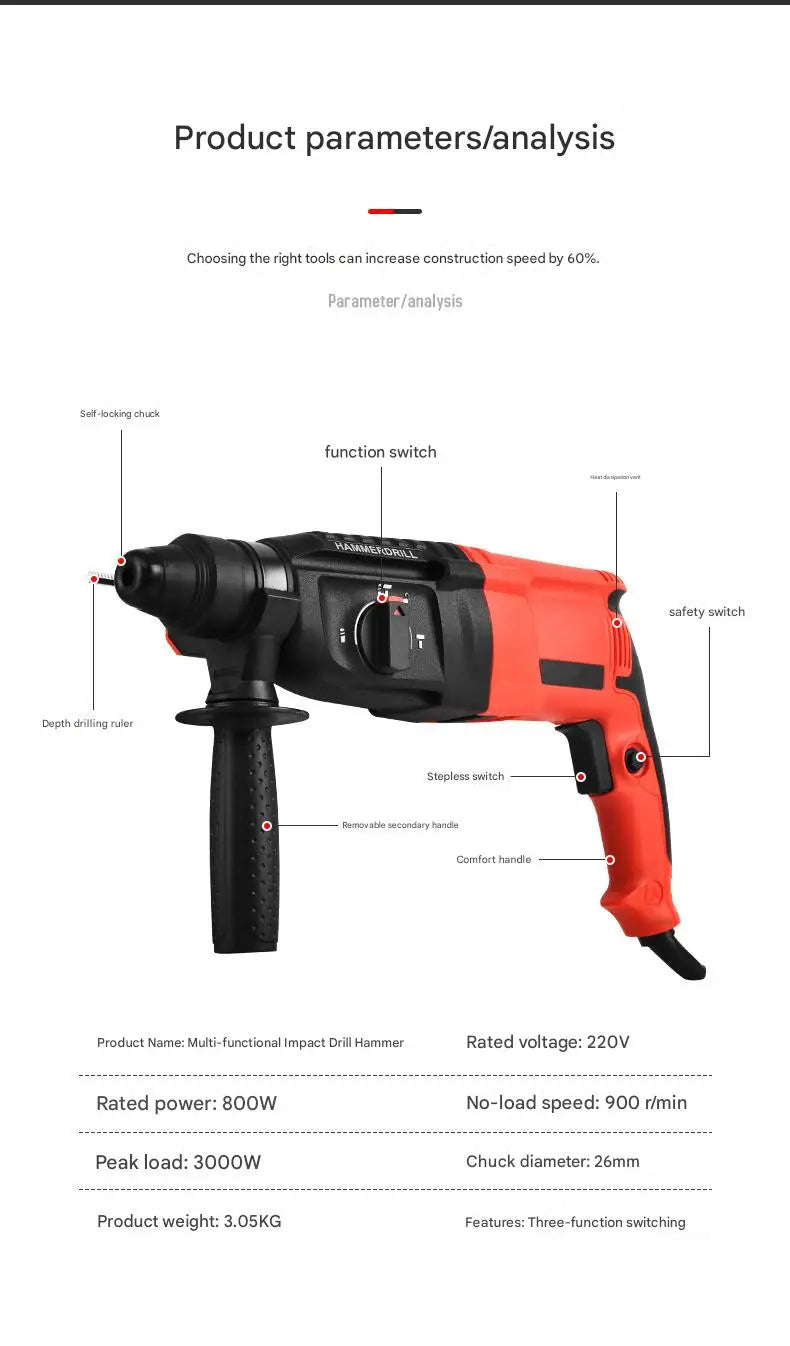 26mm Electric Hammer, Electric Pick, Electric Drill, Small Household Power Tools, High-power Industrial Impact Drill– Heavy Duty Hammer & Rotary Drill for Concrete, Wood, Metal