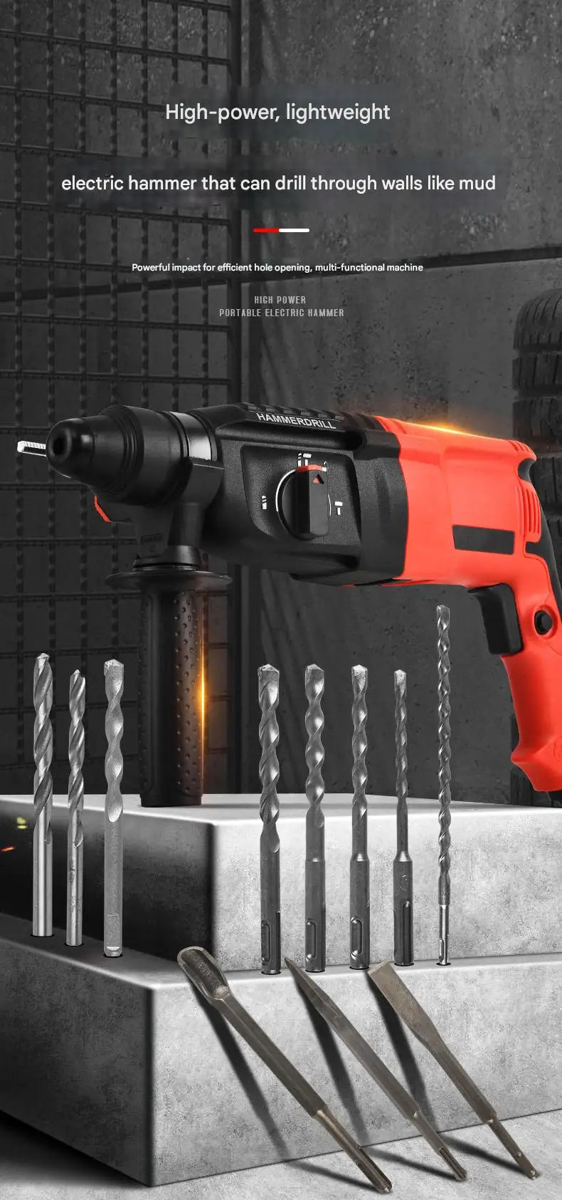 26mm Electric Hammer, Electric Pick, Electric Drill, Small Household Power Tools, High-power Industrial Impact Drill– Heavy Duty Hammer & Rotary Drill for Concrete, Wood, Metal