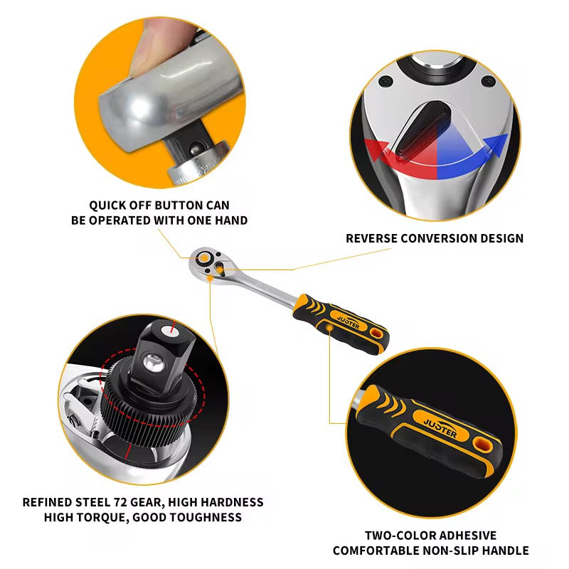 New JUSTER 24PCS CR-V Industrial Ratchet Wrench, 1/2 Inch, 72 Tooth Ratchet Wrench Set for Automobile Repair